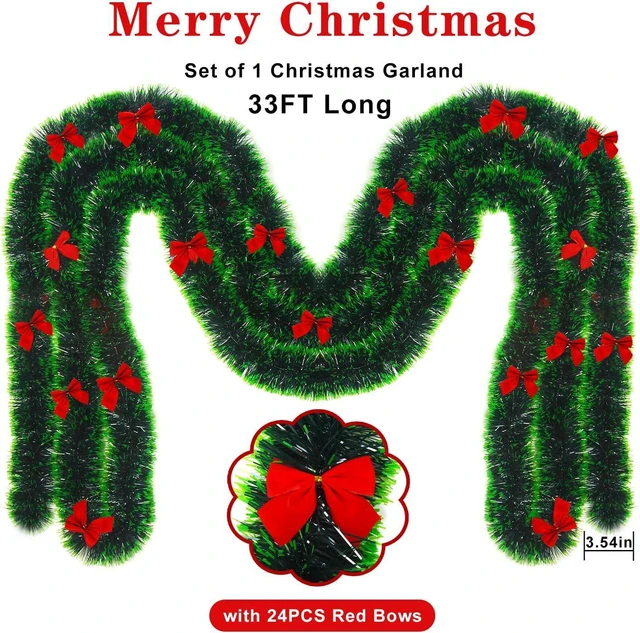 Alt view image 2 of 7 - CCINEE 33FT Christmas Garland with 24Pcs Red Bows,Artificial Greenery Pine Garland Decor for Mantle Stair Fireplace Home Party Decoration