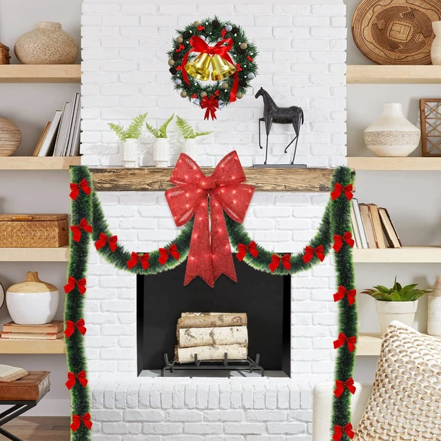 Alt view image 6 of 7 - CCINEE 33FT Christmas Garland with 24Pcs Red Bows,Artificial Greenery Pine Garland Decor for Mantle Stair Fireplace Home Party Decoration