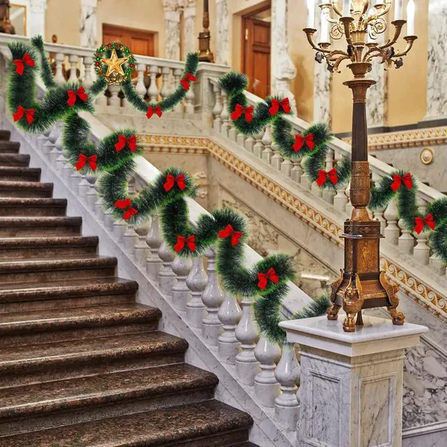 Alt view image 7 of 7 - CCINEE 33FT Christmas Garland with 24Pcs Red Bows,Artificial Greenery Pine Garland Decor for Mantle Stair Fireplace Home Party Decoration