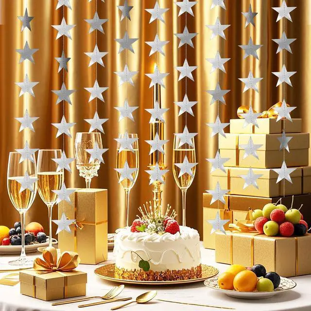 Alt view image 6 of 7 - Glitter Star Garland Banner Decor 130 Feet Silver Star Garland Hanging Bunting Banner Backdrop for Graduation Wedding Birthday Holiday Party