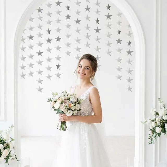 Alt view image 5 of 7 - Glitter Star Garland Banner Decor 130 Feet Silver Star Garland Hanging Bunting Banner Backdrop for Graduation Wedding Birthday Holiday Party