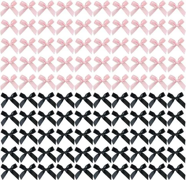 Main image of 100 Pcs Ribbon Bows Mini Satin Fabric Bows Flowers,Bow Party Decor for DIY Crafting Project Craft Sewing Scrapbooking Wedding Birthday Party Souvenir Packaging Bag Christmas Thanksgiving (Pink Black)