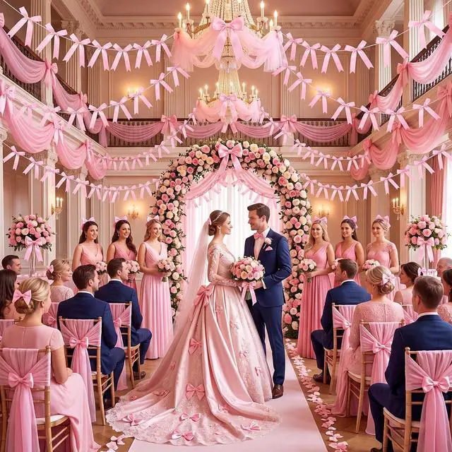 Alt view image 7 of 7 - 2 Pcs Pink Bow Garland Banner, Pre-Strung Pink Satin Ribbon Bow Garland