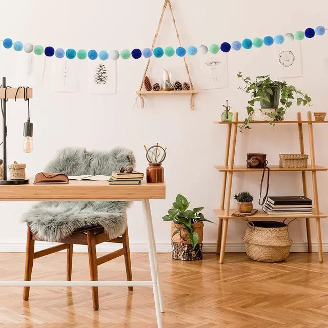 Alt view image 3 of 5 - 3PCS Blue Pom Pom Garland 6.5 Feet Long with 30 Balls for Party Home Decoration