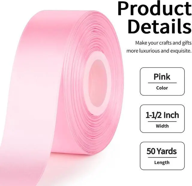 Alt view image 2 of 7 - Mauproy Pink Satin Ribbon, 1-1/2 Inch, 50 Yards