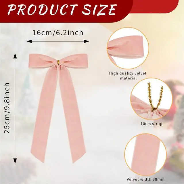 Alt view image 2 of 7 - 12 Pieces Christmas Velvet Ribbon Bows for Tree Ornament, Rustic Crafts Wreath Bows for Gift Wrapping, Staircase, Stocking, Xmas Home Decor, 6.3 x 10 Inches (12, Pink)