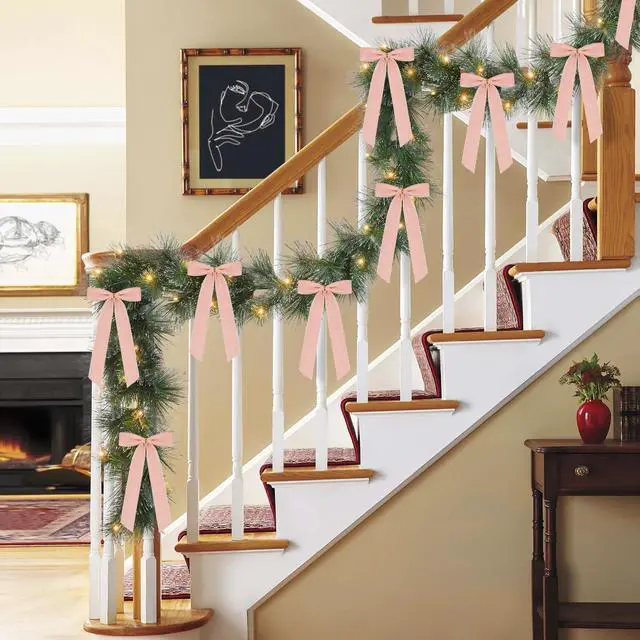 Alt view image 4 of 7 - 12 Pieces Christmas Velvet Ribbon Bows for Tree Ornament, Rustic Crafts Wreath Bows for Gift Wrapping, Staircase, Stocking, Xmas Home Decor, 6.3 x 10 Inches (12, Pink)
