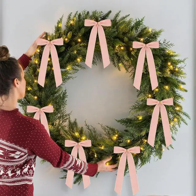 Alt view image 5 of 7 - 12 Pieces Christmas Velvet Ribbon Bows for Tree Ornament, Rustic Crafts Wreath Bows for Gift Wrapping, Staircase, Stocking, Xmas Home Decor, 6.3 x 10 Inches (12, Pink)