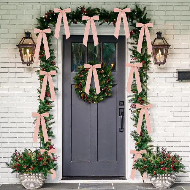 Alt view image 6 of 7 - 12 Pieces Christmas Velvet Ribbon Bows for Tree Ornament, Rustic Crafts Wreath Bows for Gift Wrapping, Staircase, Stocking, Xmas Home Decor, 6.3 x 10 Inches (12, Pink)