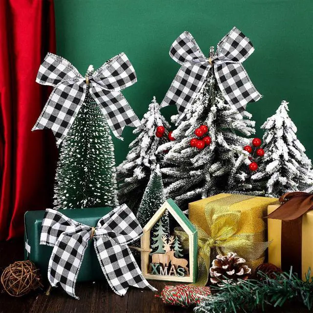Alt view image 7 of 7 - WILLBOND 12 Pcs Buffalo Plaid Bows, Black and White, 2.4 x 2.4 Inch