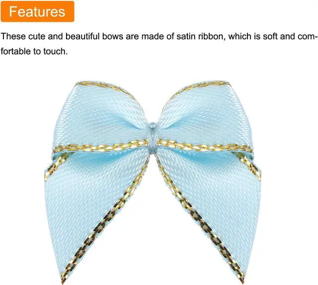 Alt view image 4 of 5 - MECCANIXITY 50Pcs Mini Metallic Edge Ribbon Bow 1" Satin Ribbon Flower Bows Soft for Craft DIY Hair Bow Sewing Wedding Birthday Party Gold Edge Sky Blue
