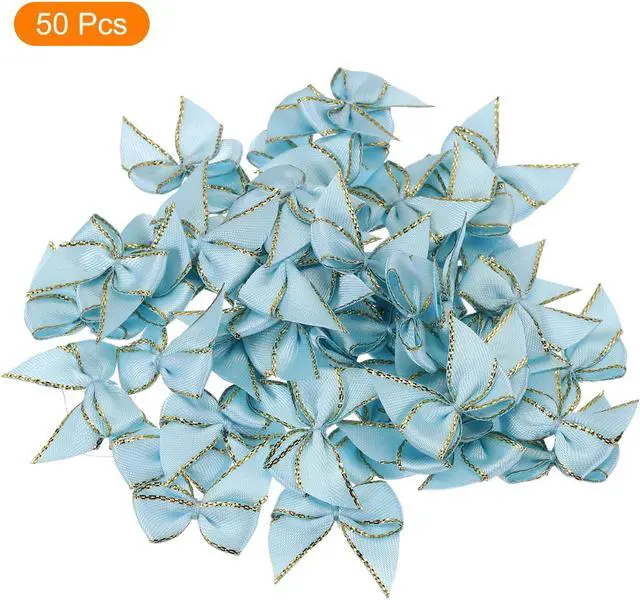 Alt view image 3 of 5 - MECCANIXITY 50Pcs Mini Metallic Edge Ribbon Bow 1" Satin Ribbon Flower Bows Soft for Craft DIY Hair Bow Sewing Wedding Birthday Party Gold Edge Sky Blue