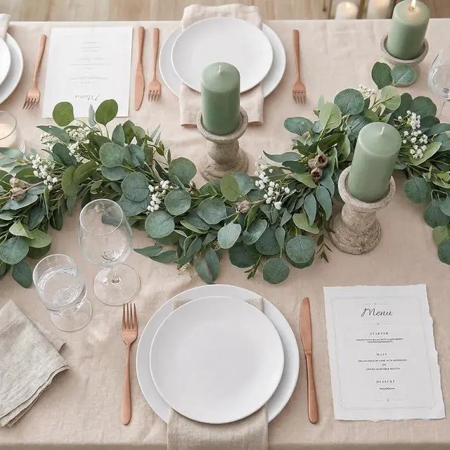 Alt view image 2 of 7 - 2 Pack Artificial Eucalyptus Garland: 12ft Silver Dollar Eucalyptus Leaves Vines with 156 Leaves - Handmade Faux Silk Leaf Greenery Garland for Table Wedding Party Mantel Wall Indoor Outdoor Decor