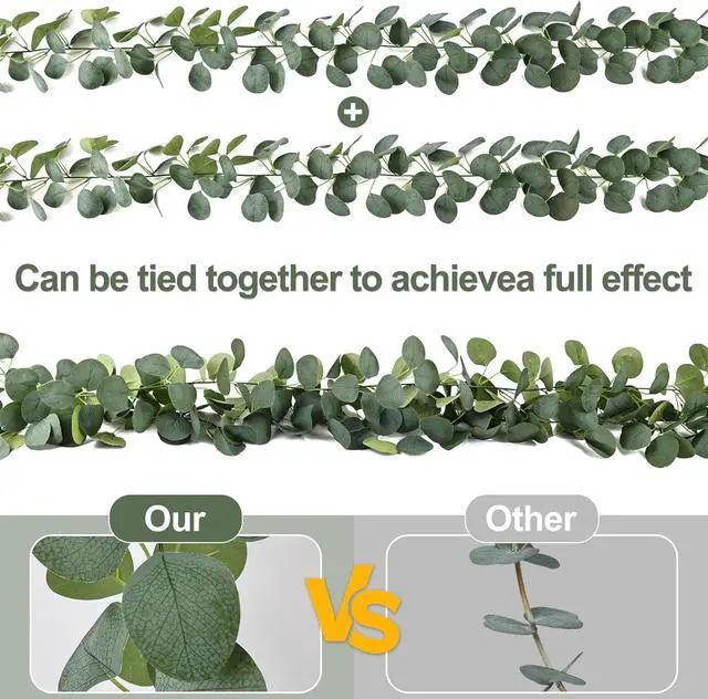 Alt view image 4 of 7 - 2 Pack Artificial Eucalyptus Garland: 12ft Silver Dollar Eucalyptus Leaves Vines with 156 Leaves - Handmade Faux Silk Leaf Greenery Garland for Table Wedding Party Mantel Wall Indoor Outdoor Decor