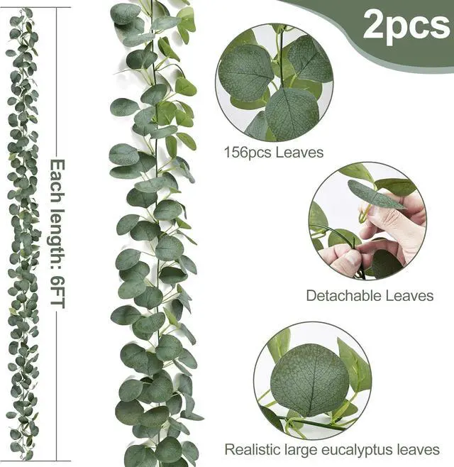 Alt view image 3 of 7 - 2 Pack Artificial Eucalyptus Garland: 12ft Silver Dollar Eucalyptus Leaves Vines with 156 Leaves - Handmade Faux Silk Leaf Greenery Garland for Table Wedding Party Mantel Wall Indoor Outdoor Decor