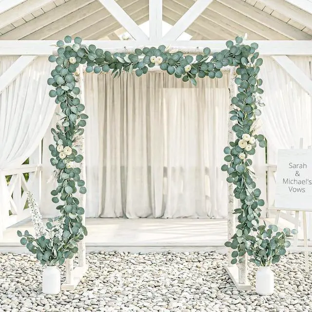 Alt view image 5 of 7 - 2 Pack Artificial Eucalyptus Garland: 12ft Silver Dollar Eucalyptus Leaves Vines with 156 Leaves - Handmade Faux Silk Leaf Greenery Garland for Table Wedding Party Mantel Wall Indoor Outdoor Decor