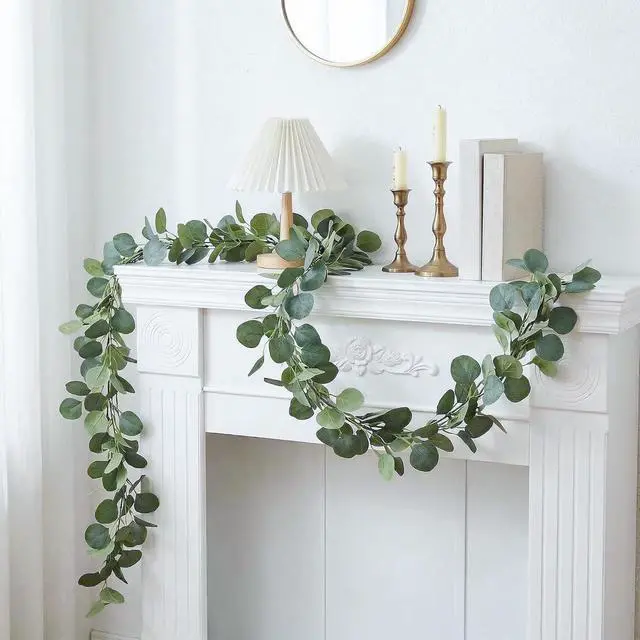 Alt view image 6 of 7 - 2 Pack Artificial Eucalyptus Garland: 12ft Silver Dollar Eucalyptus Leaves Vines with 156 Leaves - Handmade Faux Silk Leaf Greenery Garland for Table Wedding Party Mantel Wall Indoor Outdoor Decor
