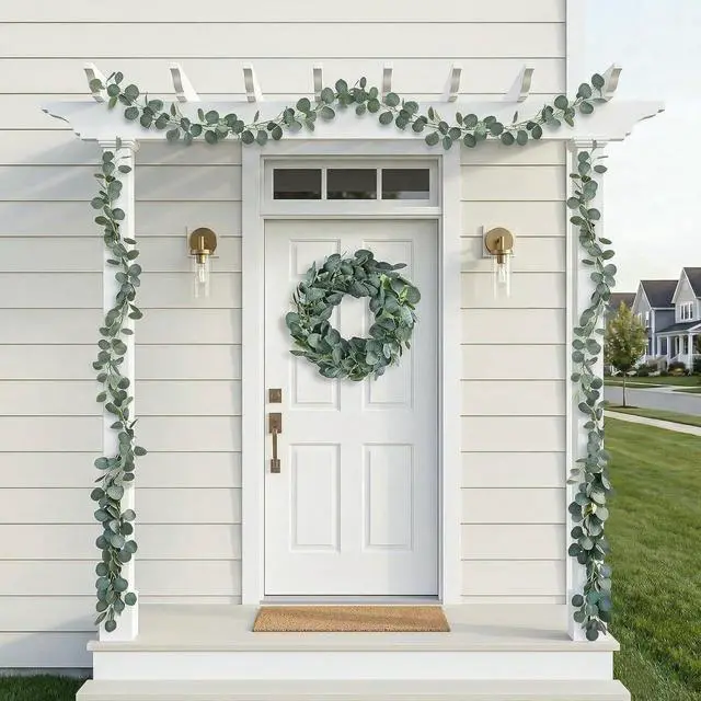 Alt view image 7 of 7 - 2 Pack Artificial Eucalyptus Garland: 12ft Silver Dollar Eucalyptus Leaves Vines with 156 Leaves - Handmade Faux Silk Leaf Greenery Garland for Table Wedding Party Mantel Wall Indoor Outdoor Decor