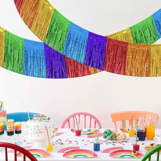 Main image of 2 Pack 1.3 x 9.8 ft Rainbow Metallic Foil Fringe Garland, Colorful Hanging Tinsel Banner Streamers for Birthday, Wedding, Pride Month, Graduation, Carnival Parade Floats Skirting Party Decorations