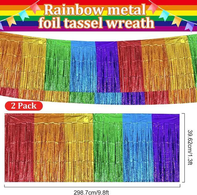 Alt view image 2 of 7 - 2 Pack 1.3 x 9.8 ft Rainbow Metallic Foil Fringe Garland, Colorful Hanging Tinsel Banner Streamers for Birthday, Wedding, Pride Month, Graduation, Carnival Parade Floats Skirting Party Decorations