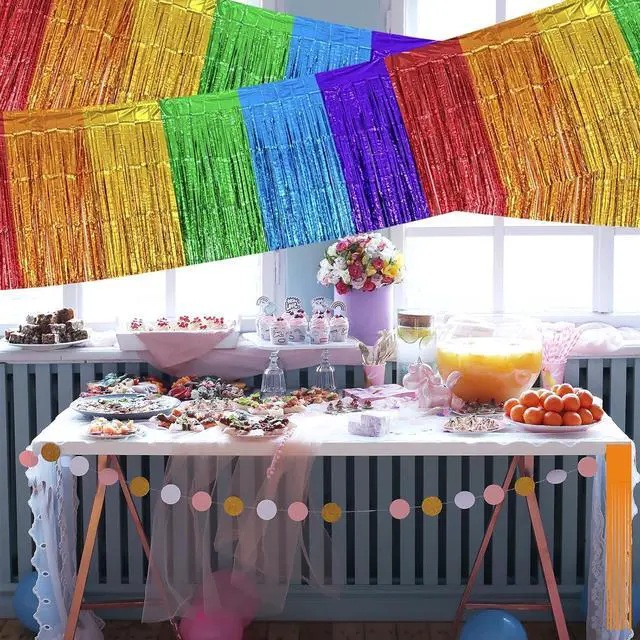 Alt view image 5 of 7 - 2 Pack 1.3 x 9.8 ft Rainbow Metallic Foil Fringe Garland, Colorful Hanging Tinsel Banner Streamers for Birthday, Wedding, Pride Month, Graduation, Carnival Parade Floats Skirting Party Decorations
