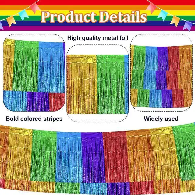 Alt view image 3 of 7 - 2 Pack 1.3 x 9.8 ft Rainbow Metallic Foil Fringe Garland, Colorful Hanging Tinsel Banner Streamers for Birthday, Wedding, Pride Month, Graduation, Carnival Parade Floats Skirting Party Decorations