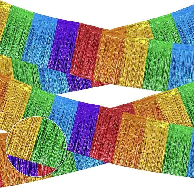 Alt view image 4 of 7 - 2 Pack 1.3 x 9.8 ft Rainbow Metallic Foil Fringe Garland, Colorful Hanging Tinsel Banner Streamers for Birthday, Wedding, Pride Month, Graduation, Carnival Parade Floats Skirting Party Decorations