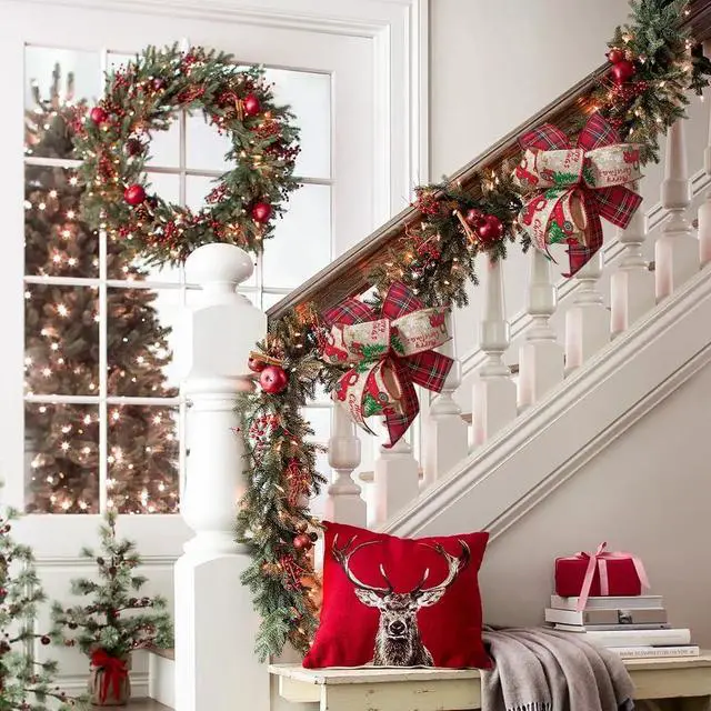 Alt view image 4 of 7 - Christmas Bows 2PCS for Wreath 10X10 Inch,Black Red Buffalo Plaid Bows,Rustic Farmhouse Bows Natural Burlap Tree Topper Bows for Front Door Winter Christmas Tree Bows for New Year Xmas Decorations