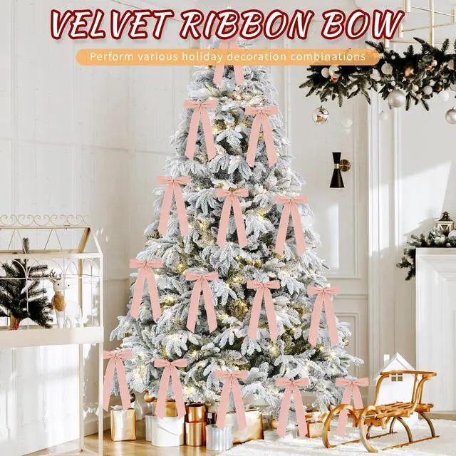 Alt view image 3 of 7 - 12 Pieces Christmas Velvet Ribbon Bows for Tree Ornament, Rustic Crafts Wreath Bows for Gift Wrapping, Staircase, Stocking, Xmas Home Decor, 6.3 x 10 Inches (12, Pink)