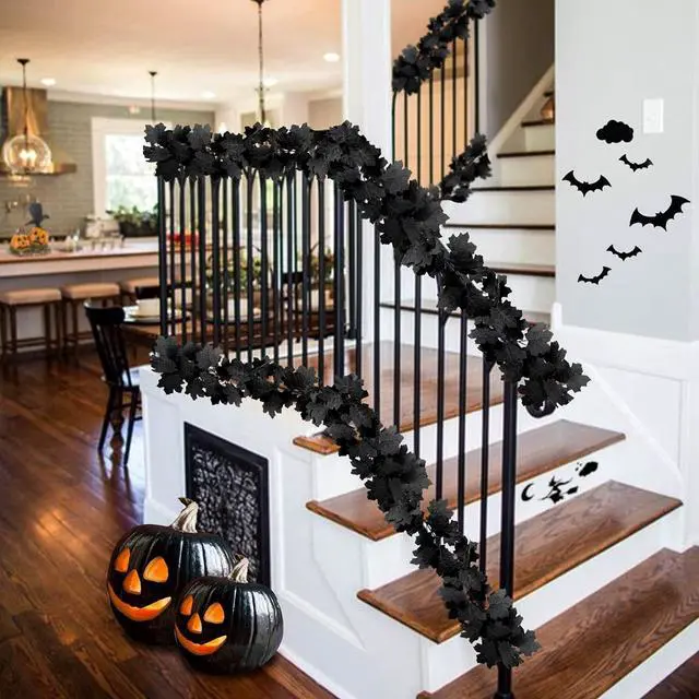 Alt view image 2 of 7 - 2Pcs Black Maple Leaf Garland Halloween Artificial Fall Leave Vines