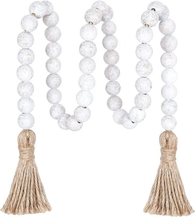 Main image of Meplait 39in Wood Bead Garland, Farmhouse Beads with Tassels, Wash White