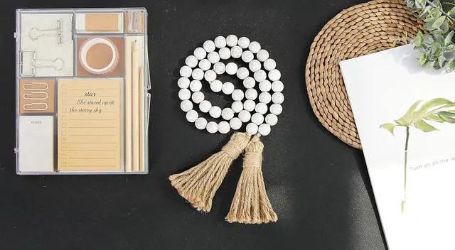Alt view image 2 of 7 - Meplait 39in Wood Bead Garland, Farmhouse Beads with Tassels, Wash White