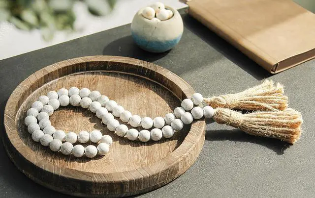 Alt view image 3 of 7 - Meplait 39in Wood Bead Garland, Farmhouse Beads with Tassels, Wash White