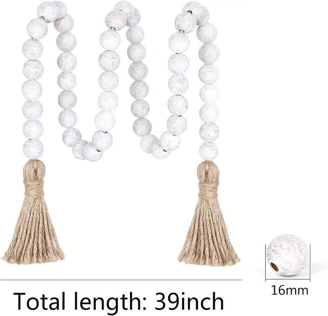 Alt view image 6 of 7 - Meplait 39in Wood Bead Garland, Farmhouse Beads with Tassels, Wash White
