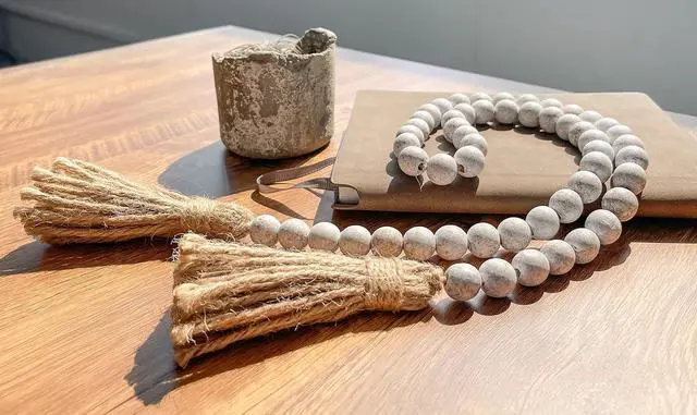 Alt view image 7 of 7 - Meplait 39in Wood Bead Garland, Farmhouse Beads with Tassels, Wash White