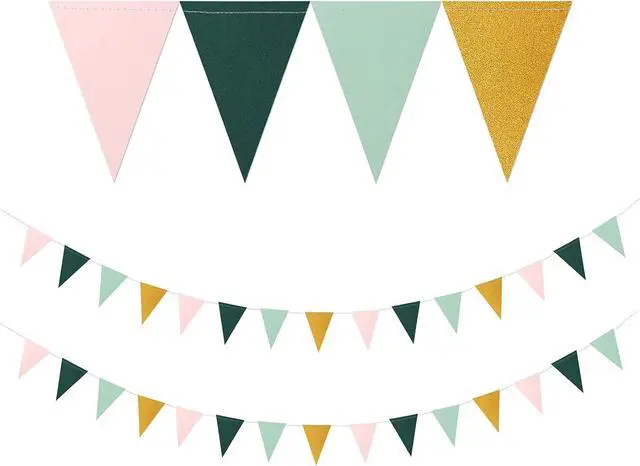 Main image of Sage Green Pink Gold Pennant Banner,2 Pack Paper Triangle Flags,Baby Bridal Shower Safari Birthday Tropical Jungle Party Decorations Wedding Bachelorette Engagement Bunting Lasting Surprise