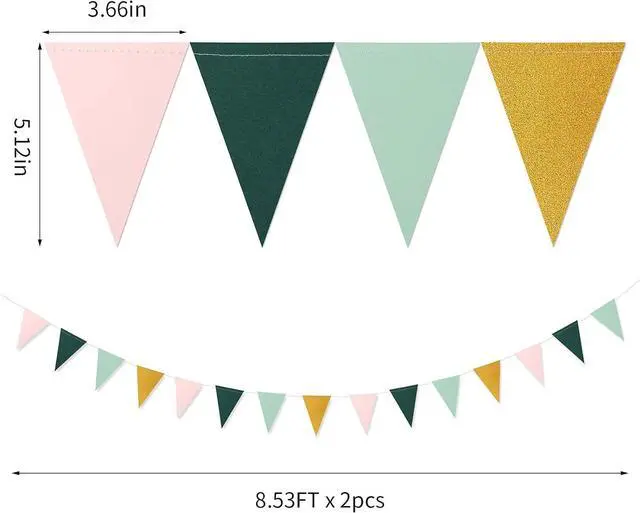 Alt view image 2 of 7 - Sage Green Pink Gold Pennant Banner,2 Pack Paper Triangle Flags,Baby Bridal Shower Safari Birthday Tropical Jungle Party Decorations Wedding Bachelorette Engagement Bunting Lasting Surprise
