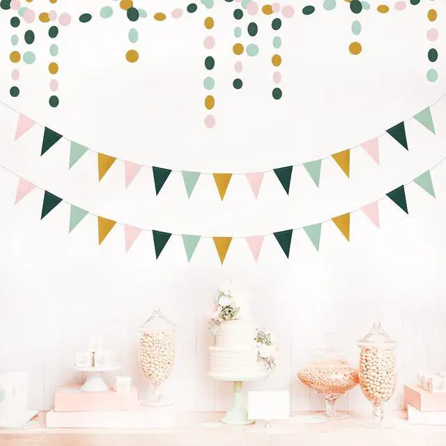Alt view image 3 of 7 - Sage Green Pink Gold Pennant Banner,2 Pack Paper Triangle Flags,Baby Bridal Shower Safari Birthday Tropical Jungle Party Decorations Wedding Bachelorette Engagement Bunting Lasting Surprise