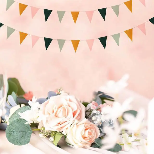 Alt view image 7 of 7 - Sage Green Pink Gold Pennant Banner,2 Pack Paper Triangle Flags,Baby Bridal Shower Safari Birthday Tropical Jungle Party Decorations Wedding Bachelorette Engagement Bunting Lasting Surprise