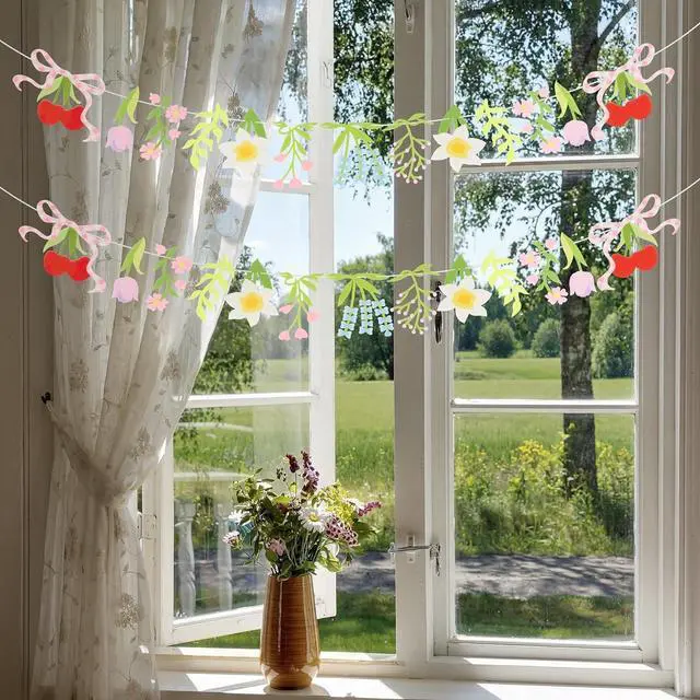Alt view image 2 of 7 - 2-Pack Wildflower Felt Garland, 8ft Colorful Floral Banner with Lavender & Daisy, Pre-Strung Cherry Blossom Bunting with Bows, Cottagecore Nursery Decor & Garden Party Supplies
