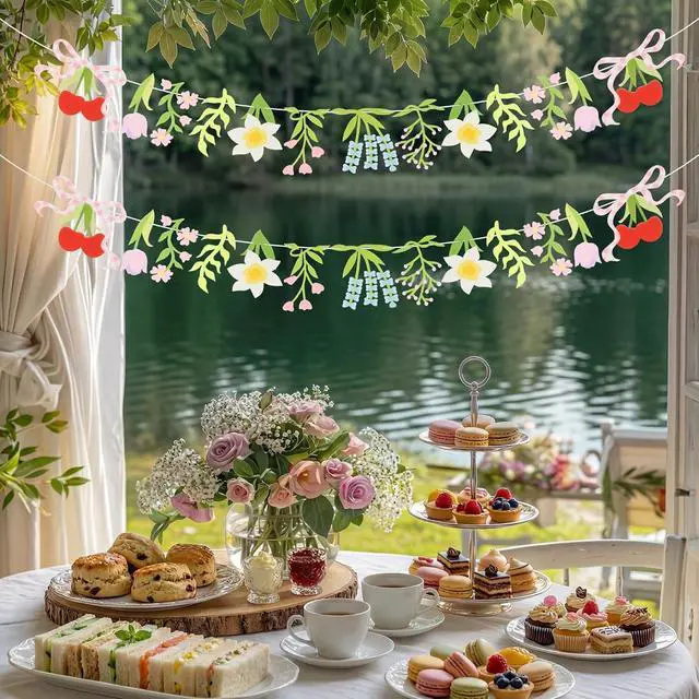 Alt view image 4 of 7 - 2-Pack Wildflower Felt Garland, 8ft Colorful Floral Banner with Lavender & Daisy, Pre-Strung Cherry Blossom Bunting with Bows, Cottagecore Nursery Decor & Garden Party Supplies