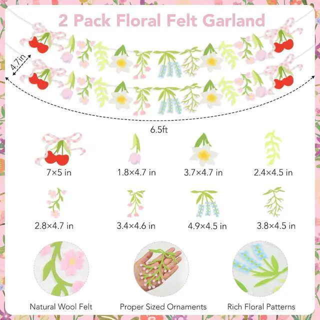 Alt view image 5 of 7 - 2-Pack Wildflower Felt Garland, 8ft Colorful Floral Banner with Lavender & Daisy, Pre-Strung Cherry Blossom Bunting with Bows, Cottagecore Nursery Decor & Garden Party Supplies