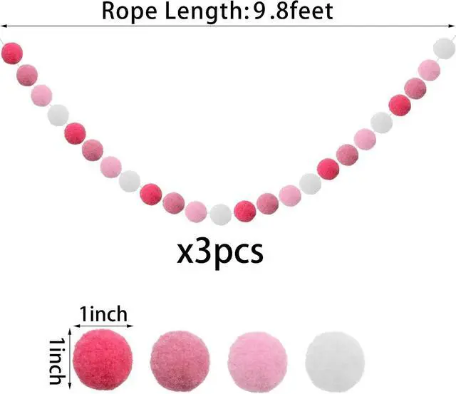 Alt view image 2 of 7 - 3PCS Felt Ball Garland Pink Pom Pom Garland 9.8 Feet 36 Balls 4 Pastel Colors Pink Pom Pom Decorations Nursery Decor Bunting Birthday Party Decorations for Mardi Gras Thanksgiving Christmas Wall