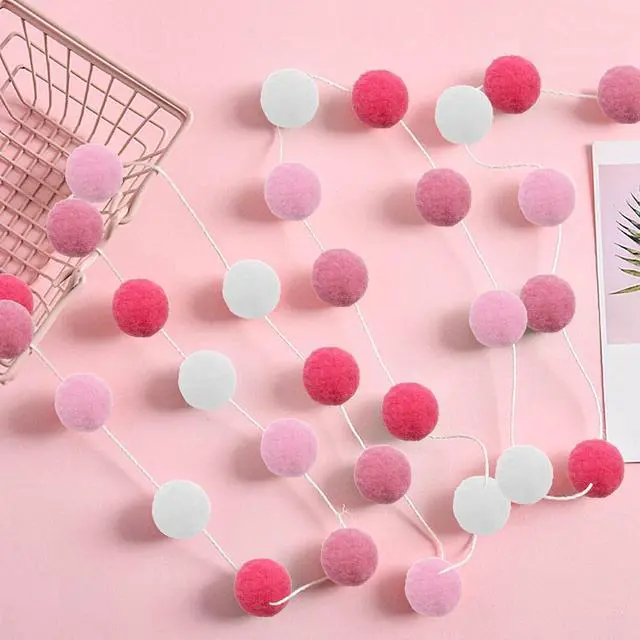 Alt view image 4 of 7 - 3PCS Felt Ball Garland Pink Pom Pom Garland 9.8 Feet 36 Balls 4 Pastel Colors Pink Pom Pom Decorations Nursery Decor Bunting Birthday Party Decorations for Mardi Gras Thanksgiving Christmas Wall