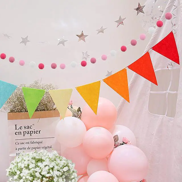Alt view image 5 of 7 - 3PCS Felt Ball Garland Pink Pom Pom Garland 9.8 Feet 36 Balls 4 Pastel Colors Pink Pom Pom Decorations Nursery Decor Bunting Birthday Party Decorations for Mardi Gras Thanksgiving Christmas Wall
