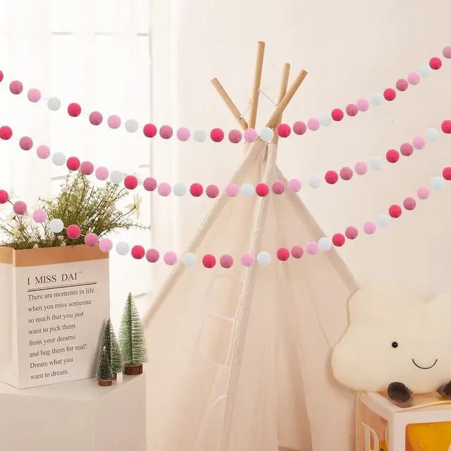 Alt view image 3 of 7 - 3PCS Felt Ball Garland Pink Pom Pom Garland 9.8 Feet 36 Balls 4 Pastel Colors Pink Pom Pom Decorations Nursery Decor Bunting Birthday Party Decorations for Mardi Gras Thanksgiving Christmas Wall
