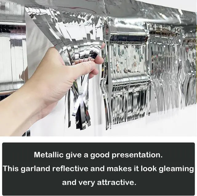 Alt view image 2 of 7 - 3 Pack Total 30 Silver Feet Foil Fringe Garland Metallic Wall Hanging Drapes Tassel Skirting Tinsel Streamers Decorations for Parade Float Trailer Mardi Gras Party Birthday Wedding