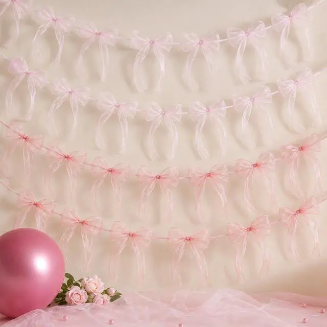 Main image of 4 Pcs Pink Bow Garland Banner, Pre Strung Pink Bowknot Coquette Ribbon Party Decortions for Girls Bow Birthday Decorations, Bachelorette Party Decorations, Bridal Shower