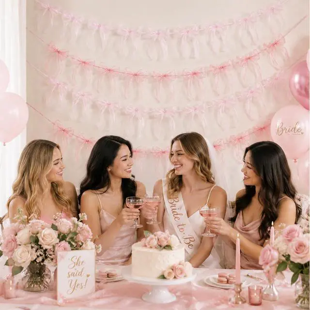 Alt view image 4 of 7 - 4 Pcs Pink Bow Garland Banner, Pre Strung Pink Bowknot Coquette Ribbon Party Decortions for Girls Bow Birthday Decorations, Bachelorette Party Decorations, Bridal Shower