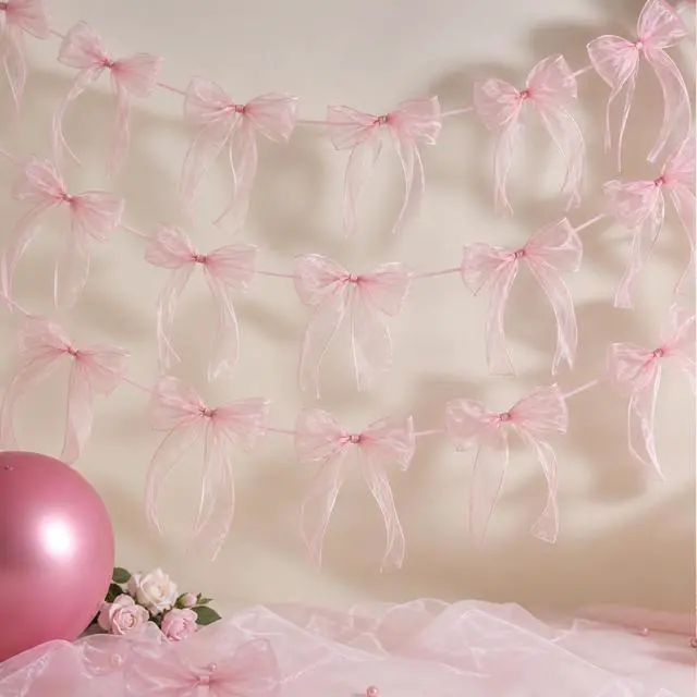 Alt view image 5 of 7 - 4 Pcs Pink Bow Garland Banner, Pre Strung Pink Bowknot Coquette Ribbon Party Decortions for Girls Bow Birthday Decorations, Bachelorette Party Decorations, Bridal Shower